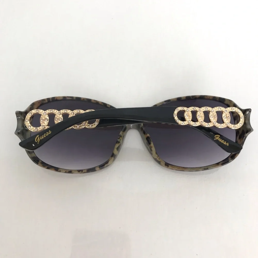 Guess Women's Sunglasses Black Frames W/Leopard Print Gold Rhinestone Accents